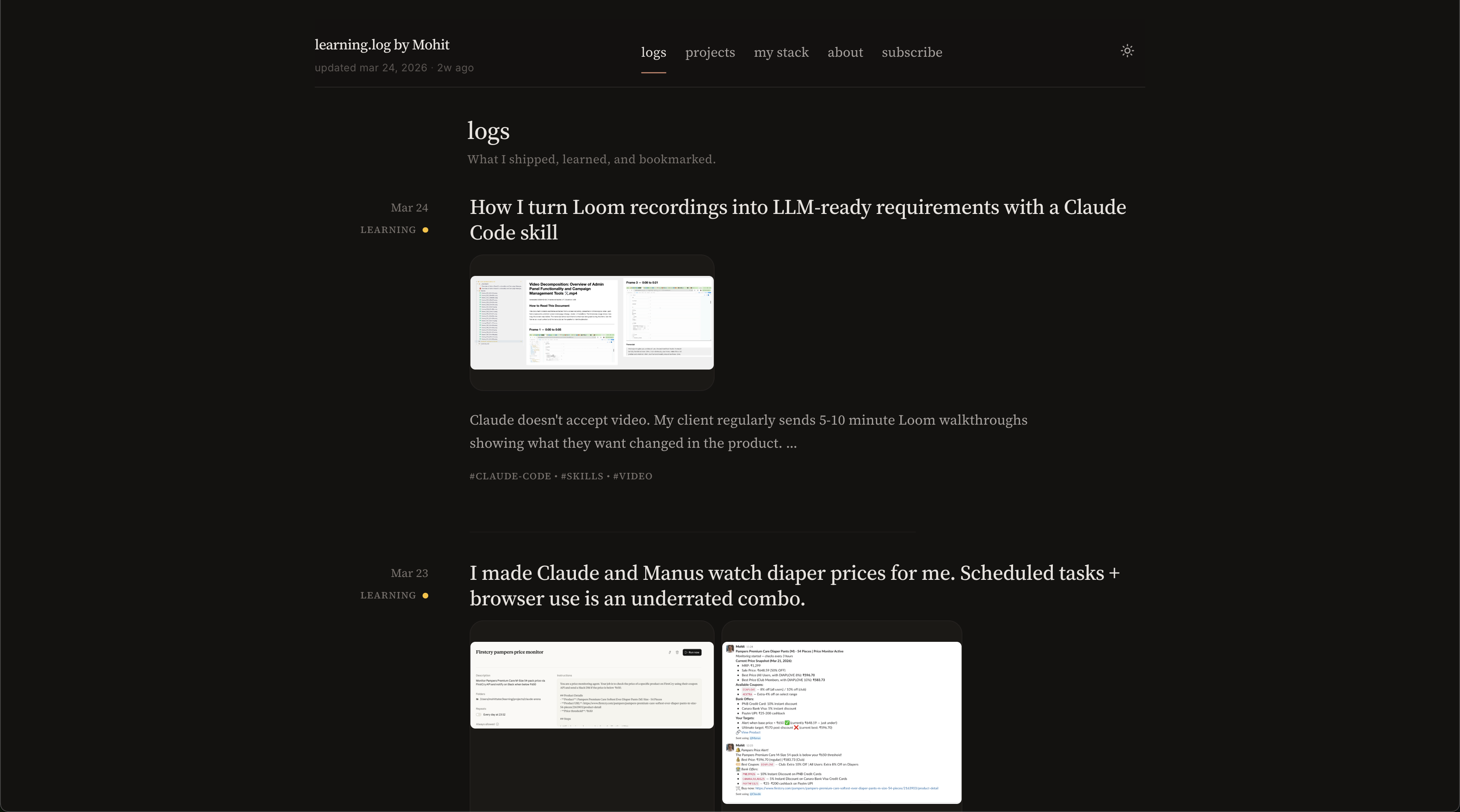 Screenshot of learning.log